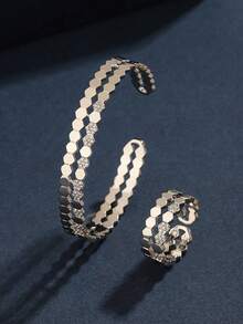 Vintage Dual-Tone Striped Bangle & Ring Set, Suitable For Women's Daily Wear - Style a Silver - View 2