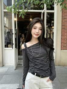 Women's Long Sleeve Cable Knit Off-Shoulder T-Shirt, Summer New Style, Elegant Slim Fit Versatile Retro Flattering Top - Stripe - View 3