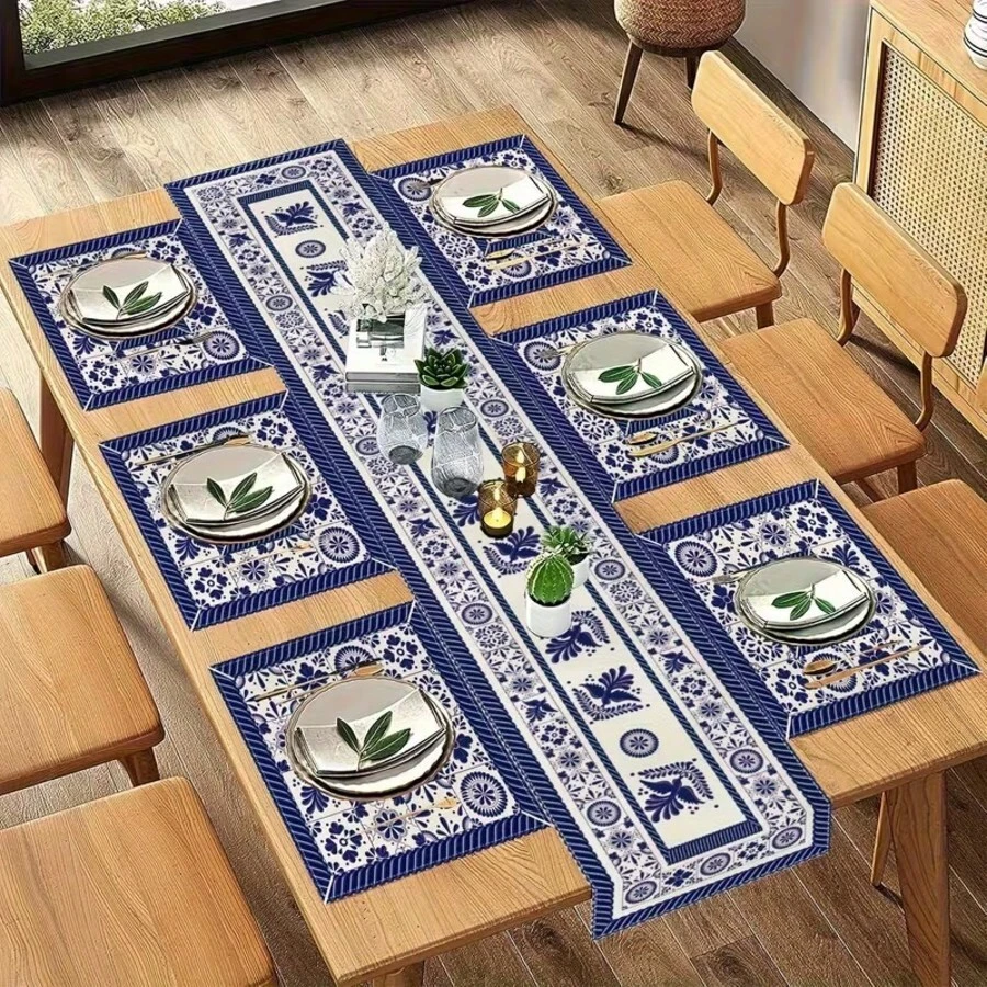 Juego de camino de mesa y manteles individuales con flores y pájaros del Día de Muertos mexicano, decoración para fiesta festiva, reutilizable, azul, patchwork de azulejos, para cocina y mesa de comedor, decoraciones del Día de Muertos - Multicolor - Ver 1