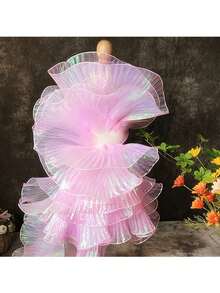 2 Buah Kain Organza Renda Besar Berlipit Gradien Warna-warni Motif Putri Duyung Sepanjang 2 Yard, Bahan Dekoratif - Merah Jambu - View 2