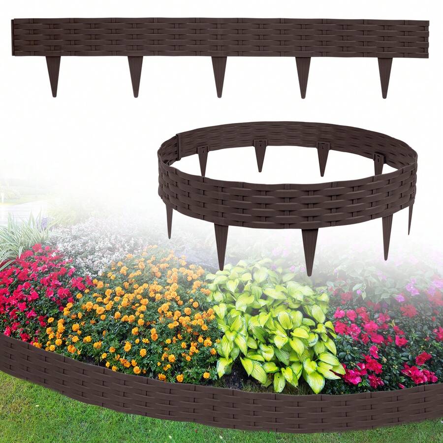Borde de plástico para césped, borde para macizos de flores, valla de jardín, borde para cortar césped, bordillos con aspecto de ratán, vallas, cerca de jardín, marrón, 5 m/10 m/20 m/30 m/40 m/50 m - 30m-marrón - Ver 1