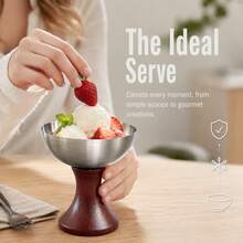 1pc 304 Stainless Steel Footed Ice Cream Cup With Wood Pedestal Base Multipurpose Dessert Bowl For Cafe Restaurant Home Use - Multicolor - View 3