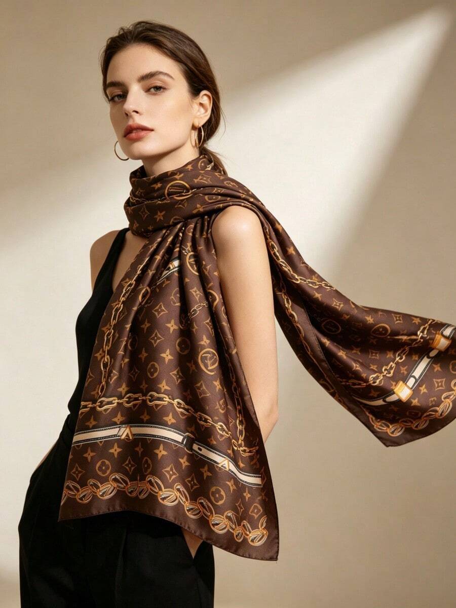 Moemton Coffee Brown Equestrian Chain Star Pattern Silk Scarf, Women's Luxury Satin Large Shawl, Suitable For Daily Street Style And Business Travel - Brown - View 1