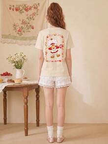 女款夏季 T-shirt，可愛糖果邊印花寬鬆休閒 T-shirt，適合日常甜美女孩風格 - 杏色 - 查看 6