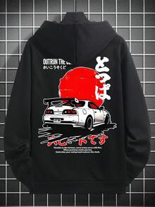 Street Japanese Racing Car Back Large Print Heavyweight Fleece Sweatshirt Men Outrun The Clock Text Oversize Casual Jacket - Black - View 4