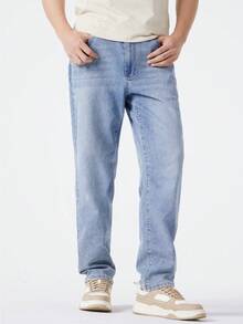 CAMEL CROWN Men's Summer Straight Leg Jeans, Cotton-Feel Stretchy Lightweight Casual Long Jeans. - Light Blue - View 1