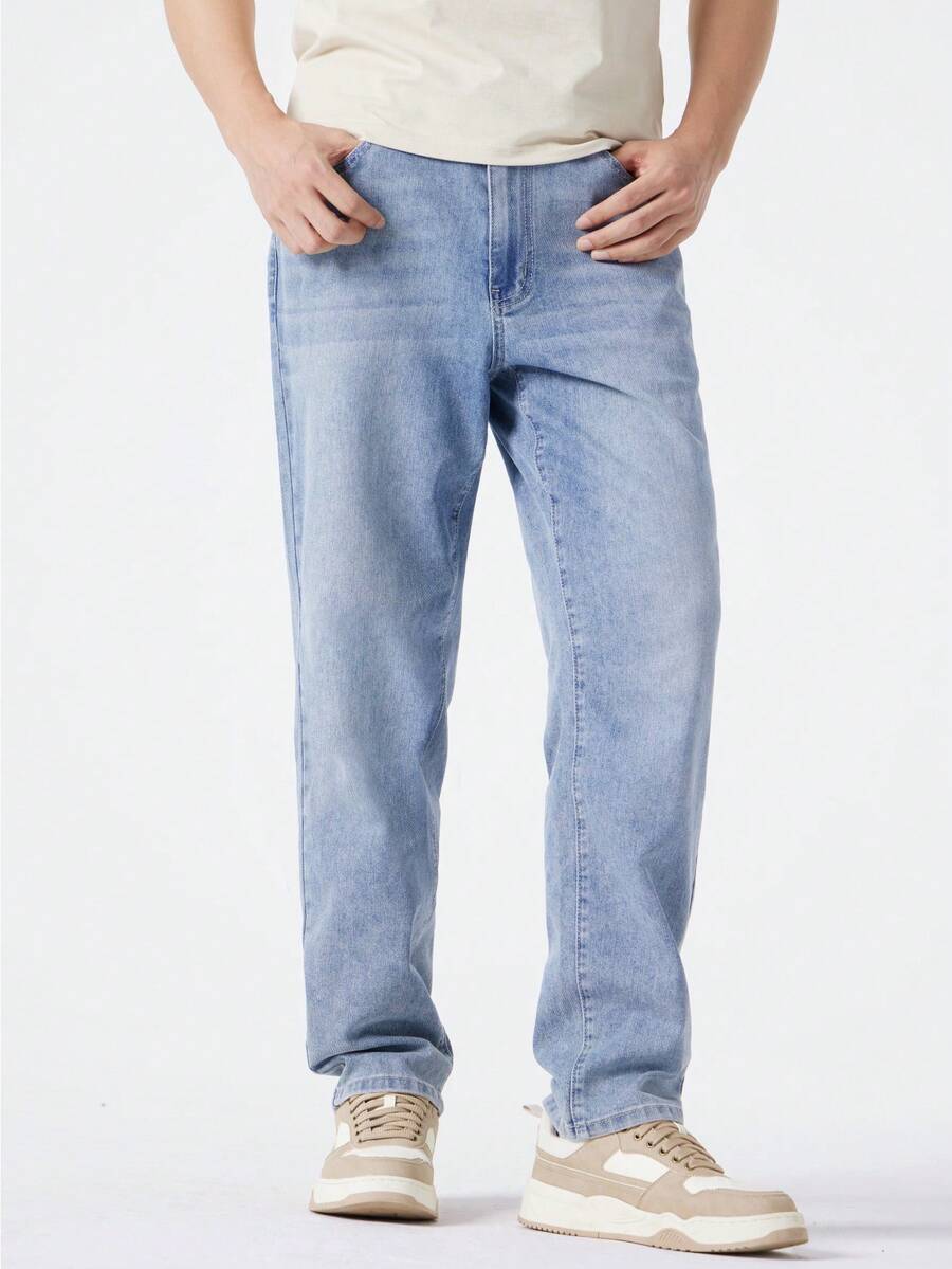 CAMEL CROWN Men's Summer Straight Leg Jeans, Cotton-Feel Stretchy Lightweight Casual Long Jeans. - Light Blue - View 1
