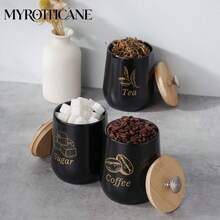 Myrothcane 3Pcs Black Ceramic Coffee Sugar Tea Canister Set, Airtight Bamboo Lid Storage Jars With Gold Letter Print, Kitchen Countertop Food Containers For Coffee Beans Tea Leaves Sugar Cubes, Modern Farmhouse Kitchen Decor Organizer - Black - View 10