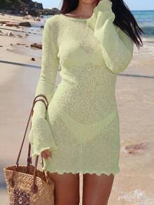 HoloChill Women's Young Influencer Casual Style Solid Color Sexy Dress, Women's Sexy Casual White Knit Slim Fit Long Sleeve Mini Dress, Back Bow Design, Summer Casual 2026 New High Elasticity Dress, Women's Summer Dress Women's Beach Dress Beach Vacation Outfit Casual Fall Dress, Back To School - Green - View 3
