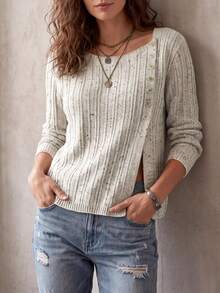 Women's Solid Color Round Neck Asymmetric Button Waist-Baring Split Hem Fall/Winter Casual Fashion Sexy Design Knit Long Sleeve Cardigan - Beige - View 2