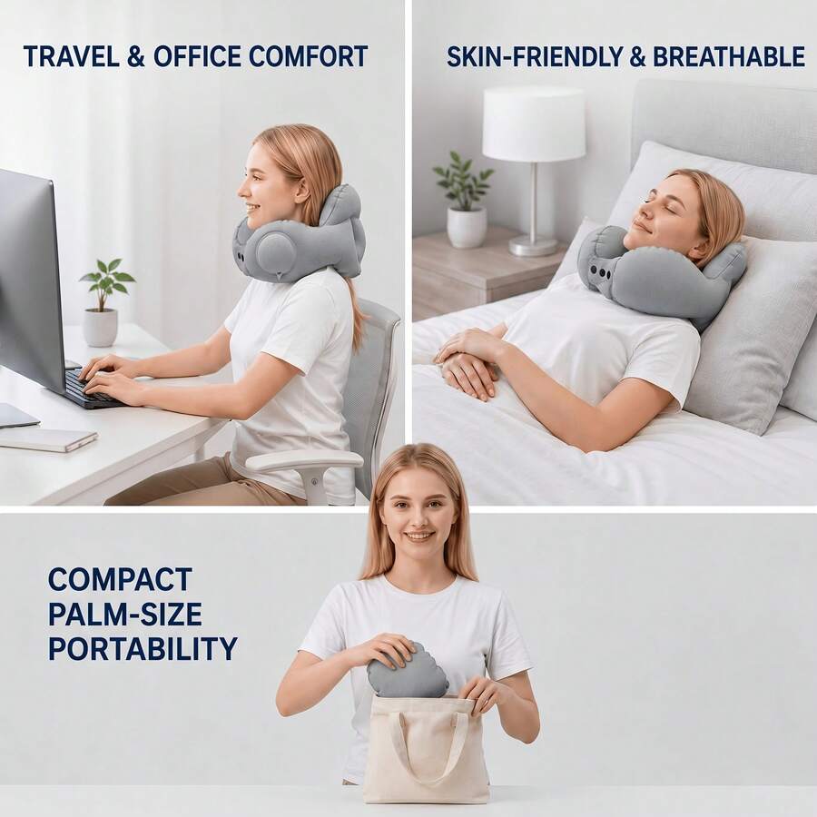 Portable Inflatable Travel Neck Pillow, Push-Button Press-Type Compression Blow Up Air Cushion, Comfortable Head & Neck Support For Airplane, Car, Long Flights, Road Trips, Office Nap, Camping, Compact Lightweight Travel Accessories