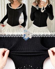 Women's Ribbed Knit Pullover Sweater With Contrast Lace Trim And Button Detail, Long Sleeve Regular Fit Cardigan - Black - View 5
