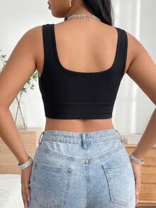 Plus Size Women Ribbed Knit Crop Tank Top Wide Strap Seamless Square Neck Camisole High Stretch Base Layer Vest - Black - View 2