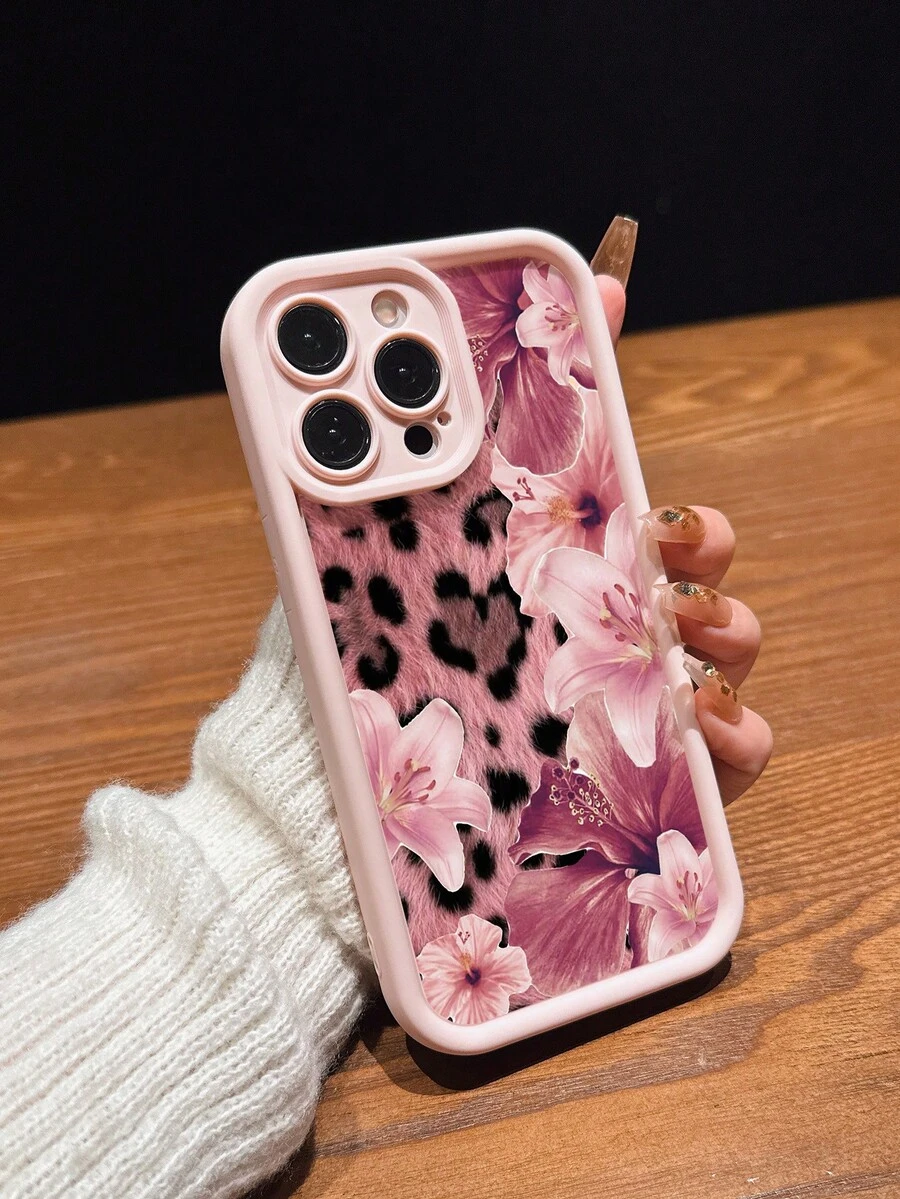 Sweet Lily & Leopard Print Design Perforated Matte Thick Full Coverage Phone Case Compatible With IPhone 11/12/13/14/15/16 Pro Max/17/17 Pro/17 Pro Max/Air/15 Pro Max/16 Plus/14 Pro Max And Other Models - Pink - View 1
