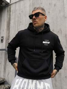 SU ER Men's Autumn/Winter Printed Loose Thermal Lined Hoodie | Leading Fashion - Black - View 5