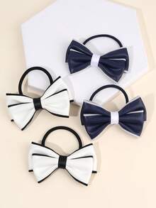 2pcs/4pcs Navy Blue&White Bow Scrunchies,PU Leather Scrunchies,Black Elastic Rubber Band Scrunchies Hair Accessories For All Seasons,Back To School - Multicolor - View 4