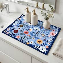 1pc Dish Drying Mat, Coffee Machine Mat, Blue Background With Colorful Floral Print, Absorbent & Draining Mat, Suitable For Dining Table, Cafe And Other Scenes, Quickly Absorbs Excess Water, Keeps Countertop Clean, Adds Fresh And Elegant Visual Effect To Space, Home Gift, Countertop, Dining Table Decor - XYLSD-597 - View 5