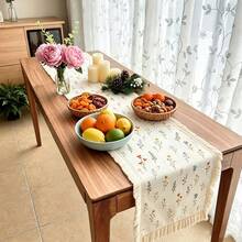 1/16PCS Pastoral Minimalist Floral Print Tassel Lace Table Runner, Suitable For Weddings, Parties, Banquets, Gatherings, Outdoor And Daily Use, Party Table Runner, Banquet Table Runner Decoration - White - View 5