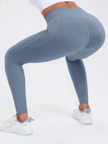 Tummy Control Elastic Fitness Leggings With Side Pockets Sports Fall - Dusty Blue - View 6