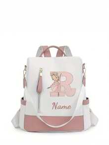 Personalized Custom Name A-Z 26 English Letters Premium Backpack, Fashion Anti-Theft Versatile Large Capacity Travel School Bag, Exquisite Cute Pink Ballet Girl Pattern Fashion Contrast Color Design Lightweight Large Capacity, Perfect For Daily Outings, Work Commute, School - White and Pink - View 24