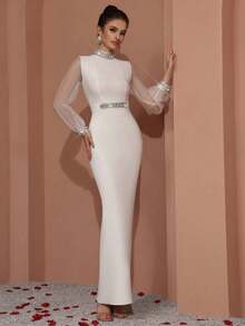 Gaun Bandage Lengan Panjang Organza Elegan Buatan Tangan dengan Hiasan Berlian Imitasi Berkilau, Cocok untuk Kencan dan Pesta. - Putih - View 4