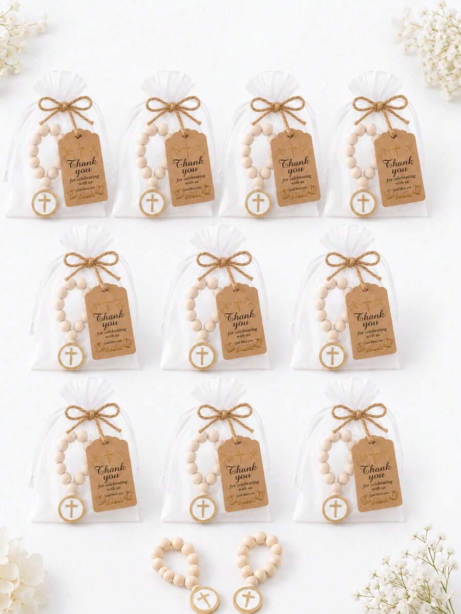 10/20 Sets Christian Cross Keychain Baptism Favors, Includes Thank You Cards And Organza Bags, Baby Baptism Party Gifts And Decorations