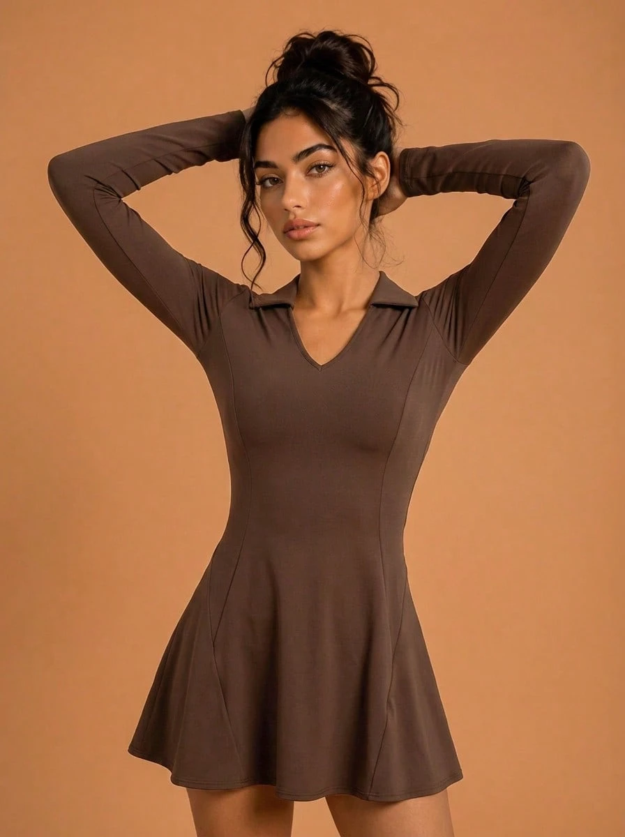 Never me Women's Long Sleeve Polo Tennis Dress, Slimming V-Neck Sporty Casual Golf Dress - Brown - View 1