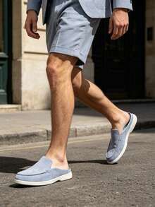 Mocasines tipo mule de ante para hombre, zapatos de caminar estilo británico sin cordones, mocasines de lujo color caqui, mocasines planos casual de negocios - Caqui - Ver 3