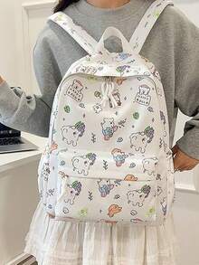 1/5pcs Cute Cartoon Print Student Backpack, Pure Pink Floral Pattern, Lightweight Polyester Fabric, Casual Campus Style, All-Season Wear, Unisex Adult Size, Large Capacity, Suitable For Daily Commute, Travel And Back To School - Multiple Styles - View 6