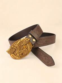 1pc Valentine's Day, Carnival, Father's Day, Teacher's Day, Christmas, Birthday Gift, New Western Style Eagle Buckle, Scroll Pattern Brown PU Belt - Multicolor - View 1