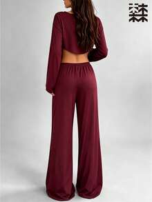 mulinsen Women's Solid Color Round Neck Long Sleeve Cropped Top + Elastic Drawstring Waist Straight Leg Pants 2-Piece Sports Casual Set - Burgundy - View 4