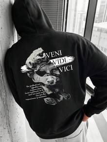 SU ER Men's Autumn/Winter Printed Loose Thermal Lined Hoodie | Leading Fashion - Black - View 4