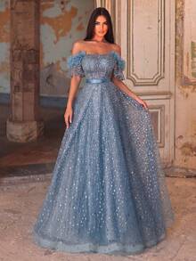 Faeriesty Sparkling Off-Shoulder Princess Style Puff Dress, Bubble Sleeves, Scattered Sequin Decoration, Satin Waistband Wedding Party - Teal Blue - View 4