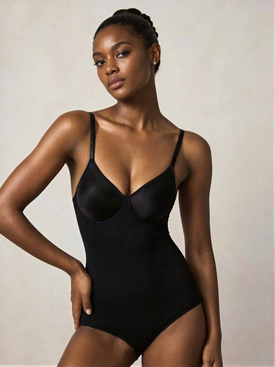 Veilyse 1pc Women Seamless Fixed Cup Camisole Triangle Panty Waist Cincher Bodysuit Tummy Control Bodysuit For Summer - Black - View 1