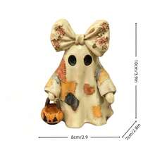 Cute Halloween Ghost Figurine, 4 Inch Mini Resin Patchwork Ghost With Pumpkin Basket, Rustic Autumn Desktop Decor, Suitable For High Towers, Roof Racks And Desks, Cute Christmas Ghost Figurine - Patchwork Ghost - View 9