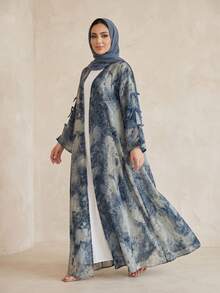 Hafizah 穆斯林女款端莊時尚雪紡印花兩件套，含希賈布，夏季休閒外套 - 藍色 - 查看 6