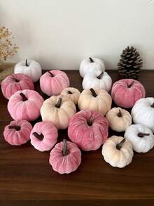 1 Set Velvet Artificial Pumpkin, Pink Faux Velvet Autumn Decor, Suitable For Halloween, Thanksgiving, Autumn Harvest, Home, Wedding, Farmhouse, Tabletop, Christmas Party Decoration, Creative Gift - Pink - View 5