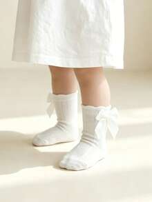 1雙女童幼兒網布蝴蝶結高筒襪，透氣不悶汗春夏嬰幼兒網布大蝴蝶結短筒襪，透氣可愛小公主1歲生日襪 - 白色 - 查看 5