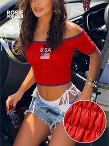 ROSIE POPHUB Women's Red Us Print Cold Shoulder Top, Ruched Waist Short T-Shirt, World Cup Football, Summer Daily, Party, Beach, Vacation - Red - View 4