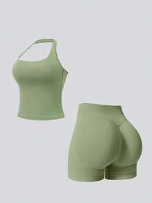 NcmRyu Women's One Set Solid Color Spaghetti Strap Removable Padded Fitted Camisole And Ruched Butt Shorts Sports Set - Moss Green - View 10
