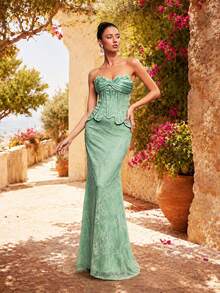 VIPGIRL Elegant Mint Green Strapless Long Formal Dress, Sleeveless Fitted Evening Dress Wedding - Mint Green - View 6