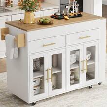 Mobile Kitchen Island With Extendable Tabletop, Cabinet With Glass Doors, White - White - View 5