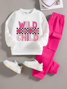 Young Girl Letter Print Crew Neck Sweatshirt And Cargo Sweatpants Casual Set - White - View 1