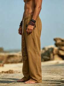 Men's Vintage Print Casual Pants, Totem Pattern, Drawstring Waist Design, Loose Wide Leg Fit - Multicolor - View 3