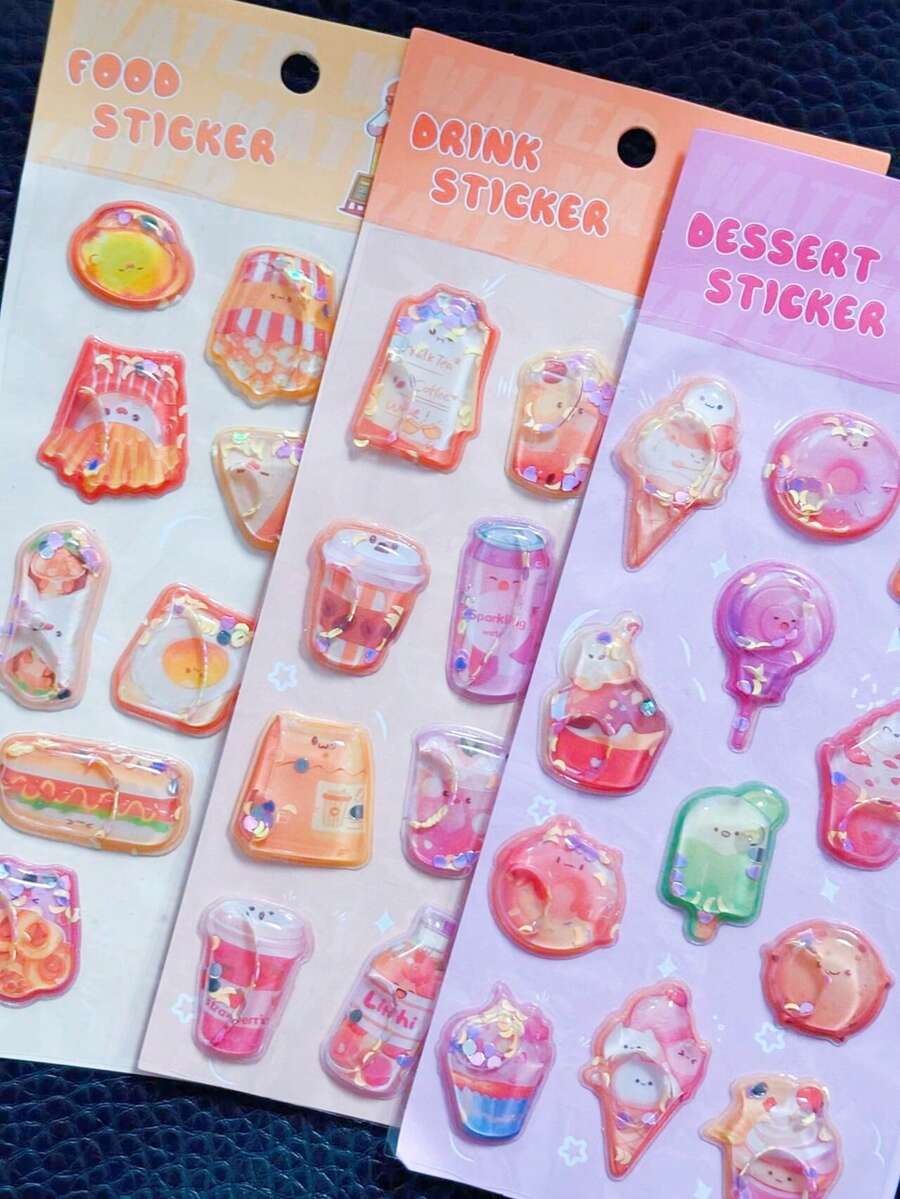 Creative Cartoon 3D Liquid Embossed Stickers, Cute Campus Office Stationery Collage Stickers, Embossed Mixed Cute Stickers