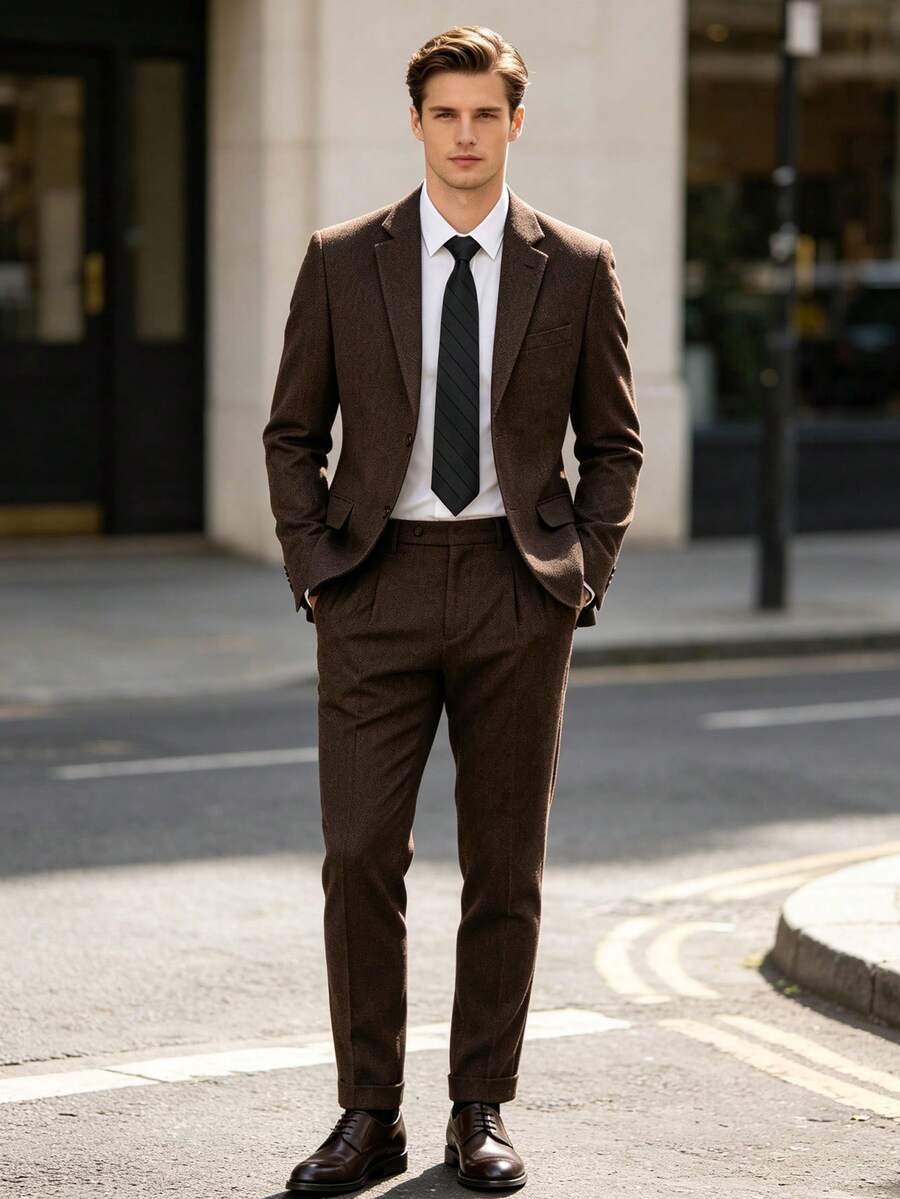 WindsorQuad Setelan Jas Pria Satu Potong, Blazer Tweed Herringbone, Jaket Bisnis Slim Fit untuk Pernikahan, Pakaian Formal untuk Prom, Pesta Gaya Klasik - Coffee Brown - View 1