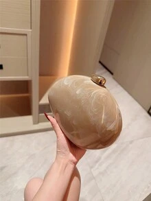 Moonlit Eve Bag 1件裝 水波紋迷你壓克力不對稱晚宴手拿包，高級金屬珠扣設計，優雅方盒晚宴包，適合派對女孩、新娘、大學生、職場新人與白領女性，適用於派對、舞會、婚禮，完美搭配舞會配件，附金屬鍊條，隨機花紋 - 杏色 - 查看 8