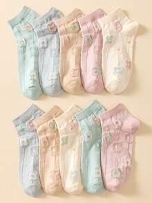 5 Pairs Women's White Ankle Socks, Floral Sports Comfortable Versatile Mid-Calf Socks, Breathable Anti-Slip - Multicolor - View 3