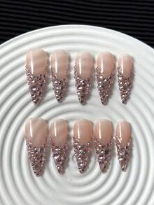 Y2K 奢華粉色法式圓形水鑽 33mm 長尖形手工穿戴甲，手工製作，全覆蓋水鑽 3D 設計，裸色，亮麗閃耀，奢華水鑽裝飾，精緻優雅，百搭時尚創意，適合婚禮、派對、戶外、海灘、日常、假期、聚會、工作及特殊場合 - 10片/袋 - 彩色 - 查看 5