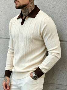 Men's Slim Fit Versatile Comfortable Knit Polo Long Sleeve Top - Apricot - View 4